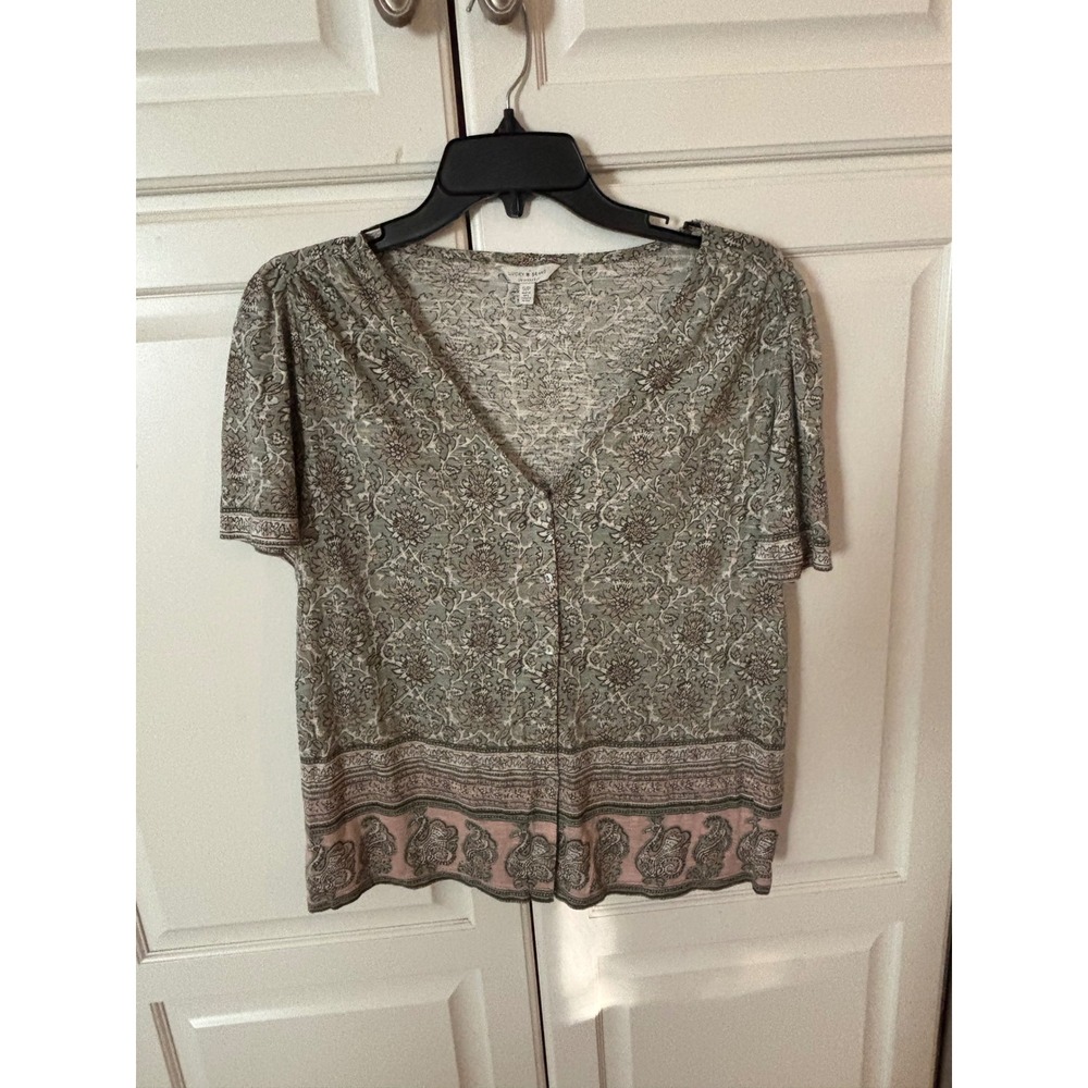 Lucky Brand Women's Size S/P Green Floral Button Front Short Sleeve‎ Top